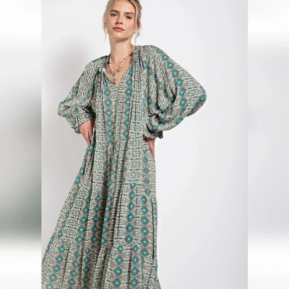 Easel Paisley Mint Green Printed Long Sleeve Gauze Maxi Dress New - Picture 7 of 7